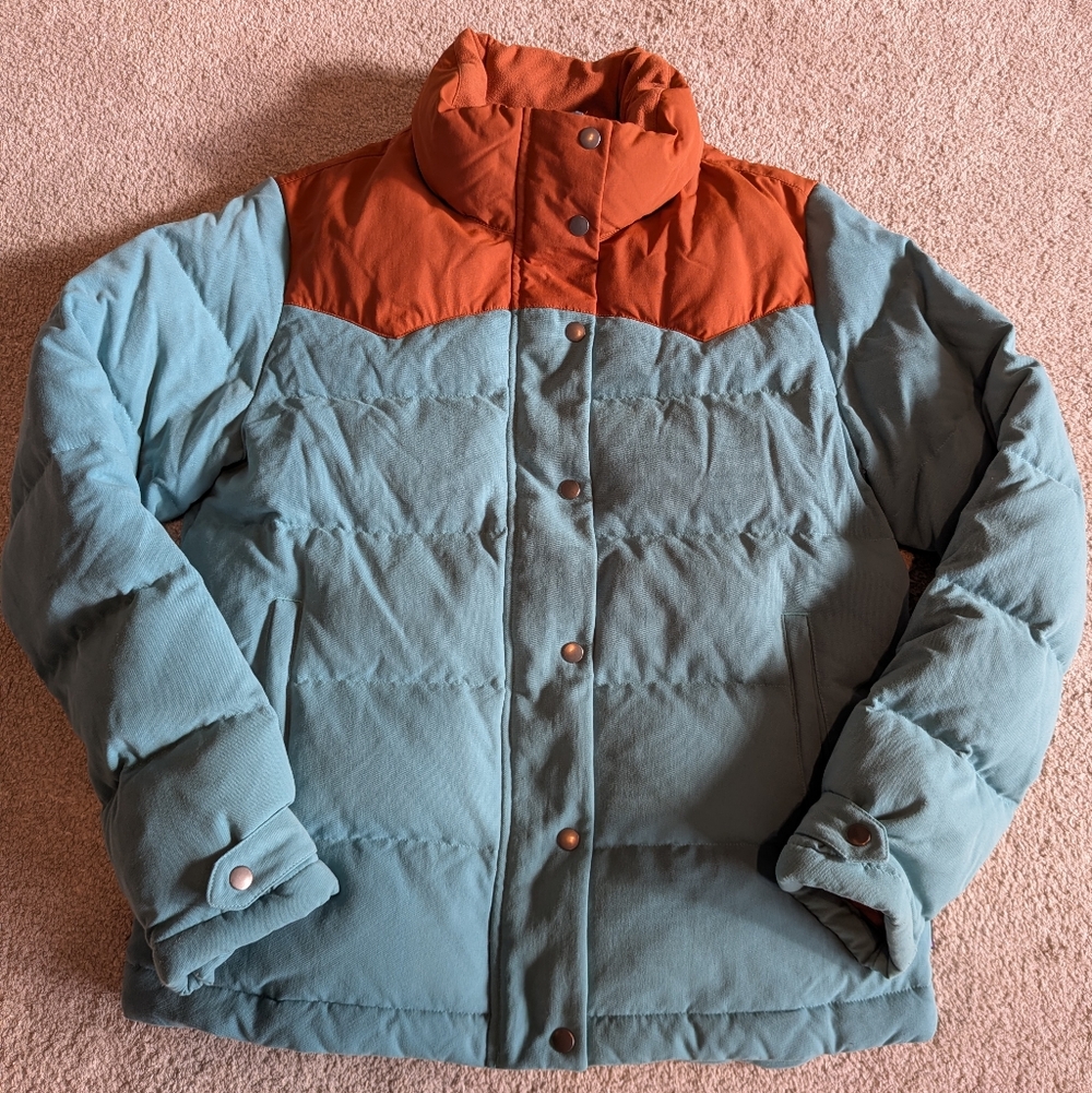 Women's Patagonia Bivy Down Coat Jacket Size Medium Blue Mushroom Puffer - Picture 2 of 16